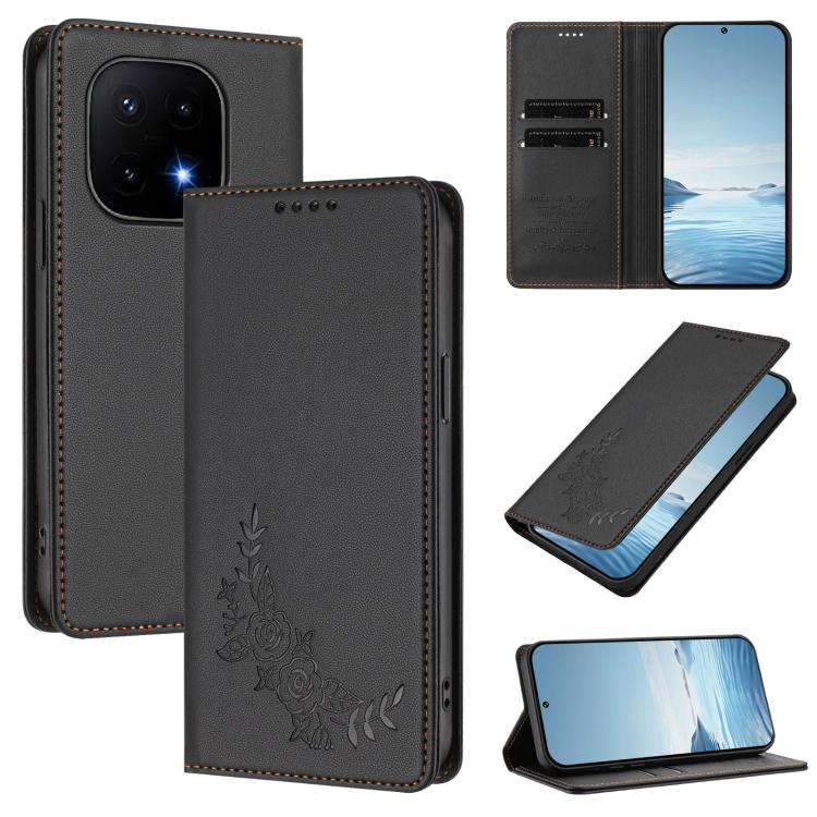 

For vivo iQOO 15 5G Peony Embossed Magnetic RFID Vegan Leather Phone Case(Black)