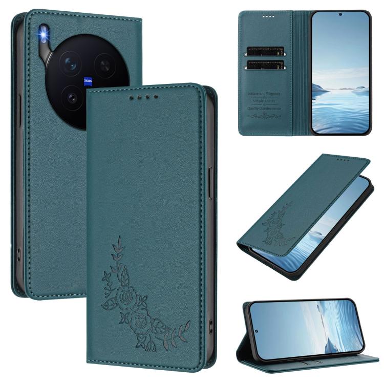 

For vivo X300 Pro Peony Embossed Magnetic RFID Vegan Leather Phone Case(Peacock Green)