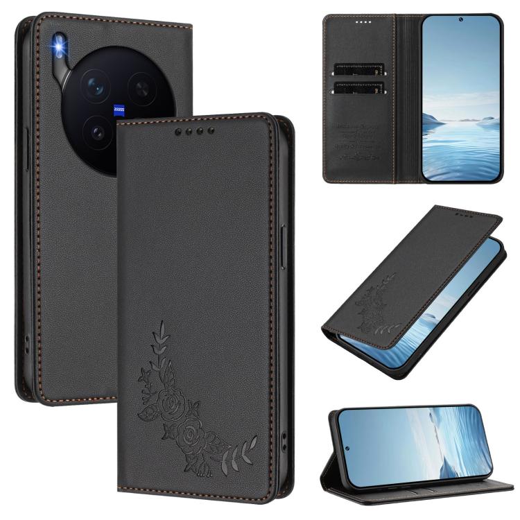 

For vivo X300 Pro Peony Embossed Magnetic RFID Vegan Leather Phone Case(Black)