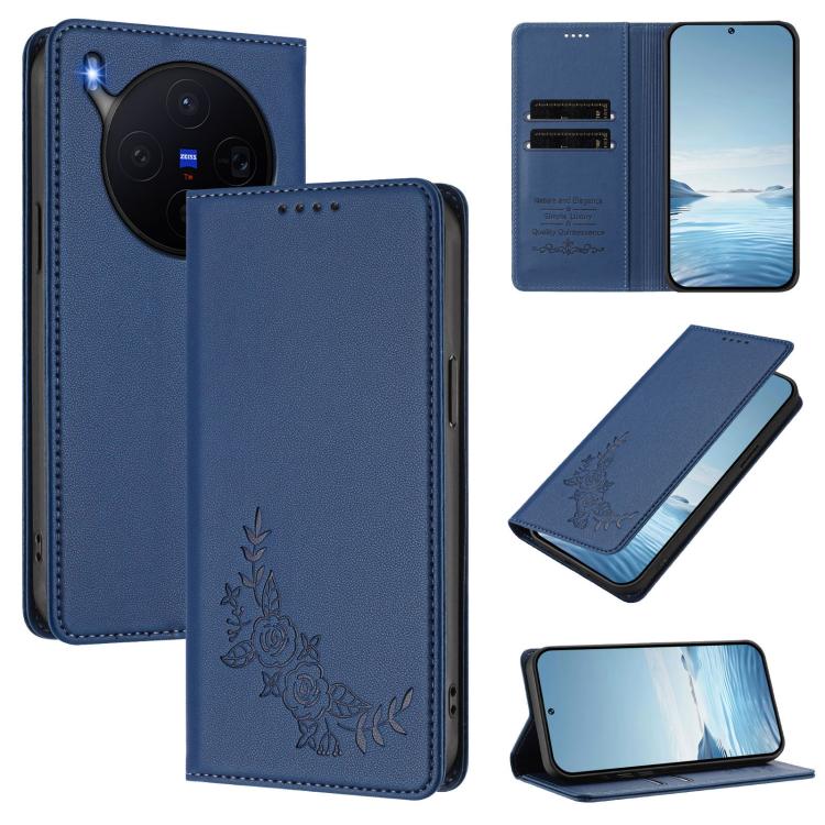 

For vivo X300 Peony Embossed Magnetic RFID Vegan Leather Phone Case(Dark Blue)
