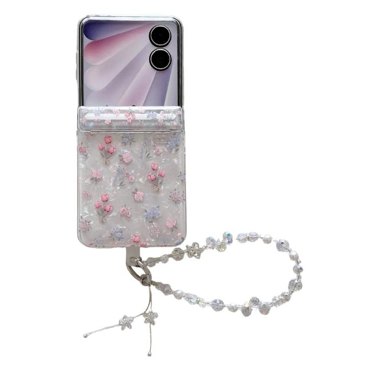

For Honor Magic V Flip 2 Fresh Floral Shell Glitter Magnetic Shockproof Phone Case with Bracelet(Pink Flower)
