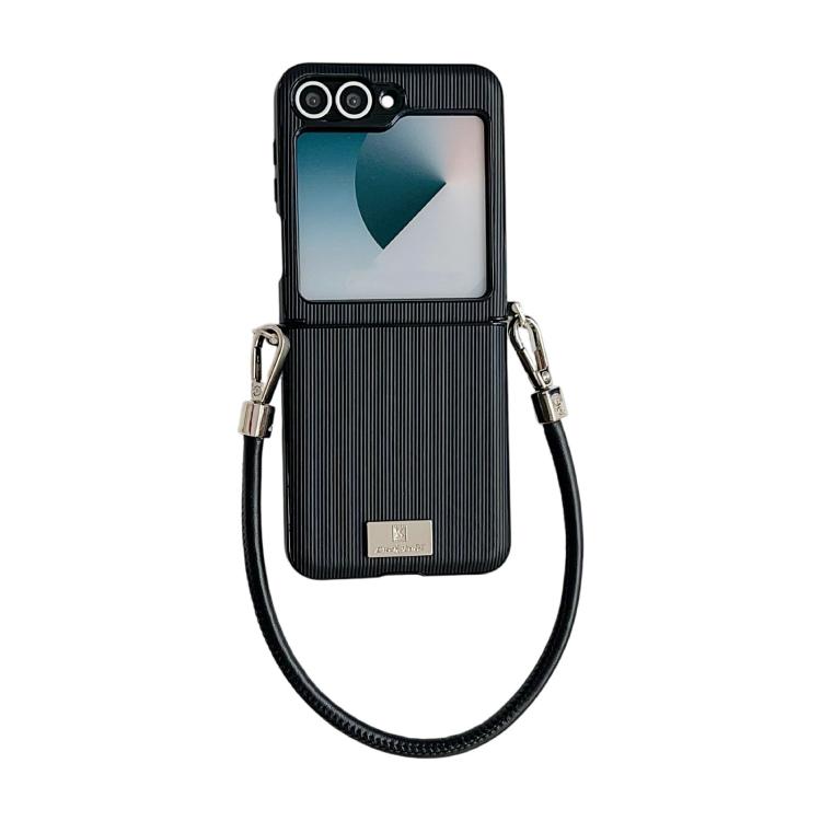 

For Samsung Galaxy Z Flip7 FE/6 Vertical Texture Side Buckle Nameplate Inlay Phone Case with Strap(Black)