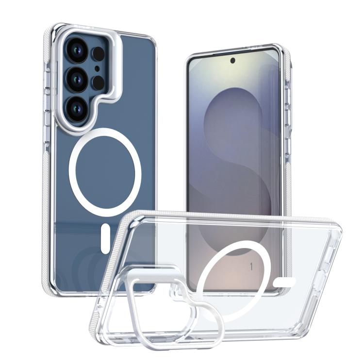 

For Samsung Galaxy S26+ 5G Vibrant Transparent Lens Kickstand Magnetic Phone Case(White)
