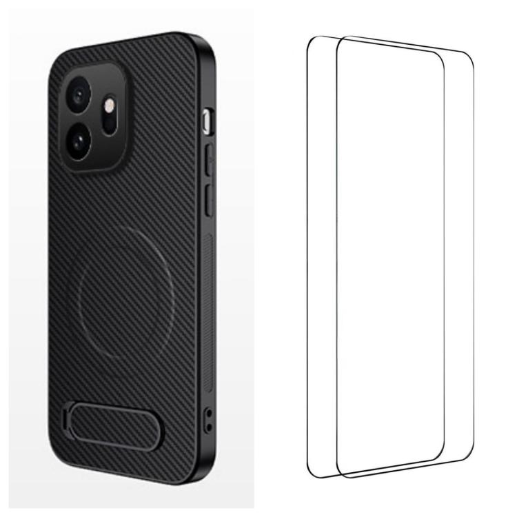 

For OnePlus 15T 5G WANLONFENG Kickstand Carbon Fiber Texture Magnetic Phone Case with 2pcs Screen Films(Black)