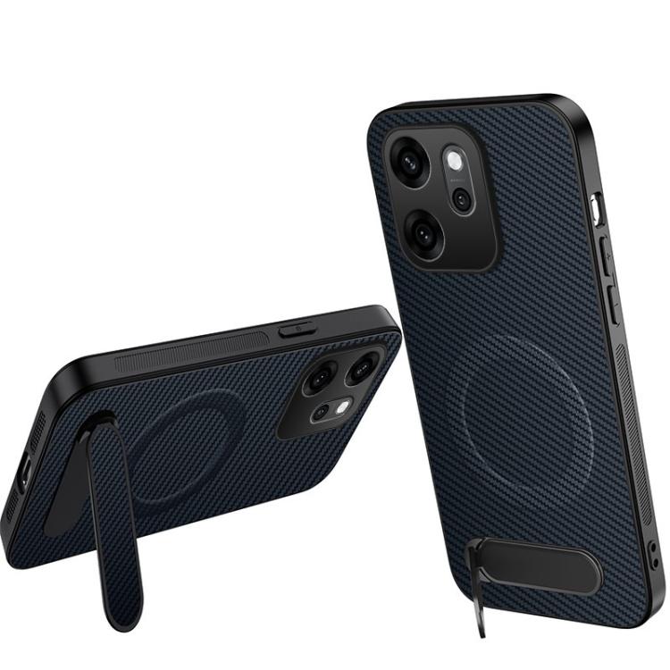 For OPPO Reno14 F 5G WANLONFENG Kickstand Carbon Fiber Texture Magnetic Phone Case(Sapphire Blue)