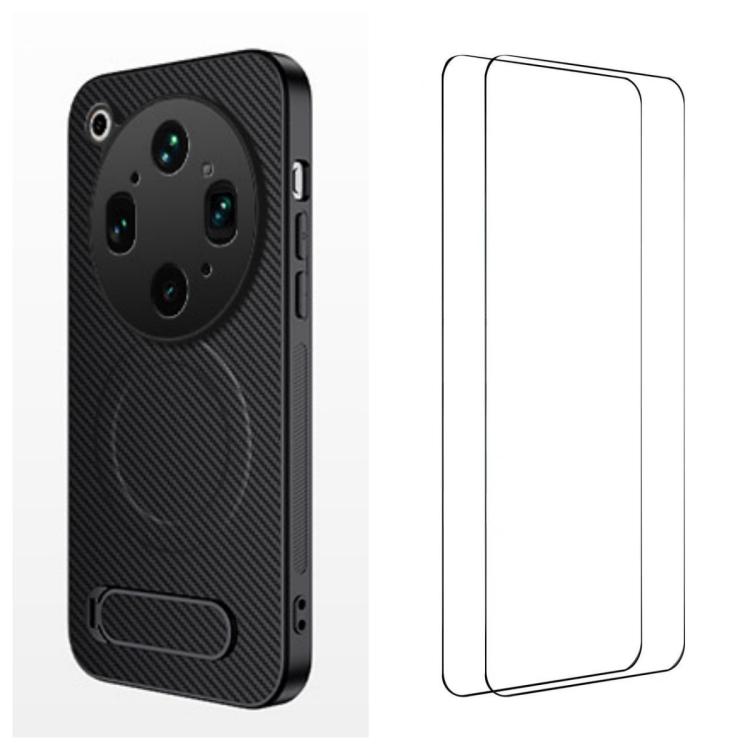 

For OPPO Find X9 Ultra 5G WANLONFENG Kickstand Carbon Fiber Texture Magnetic Phone Case with 2pcs Screen Films(Black)