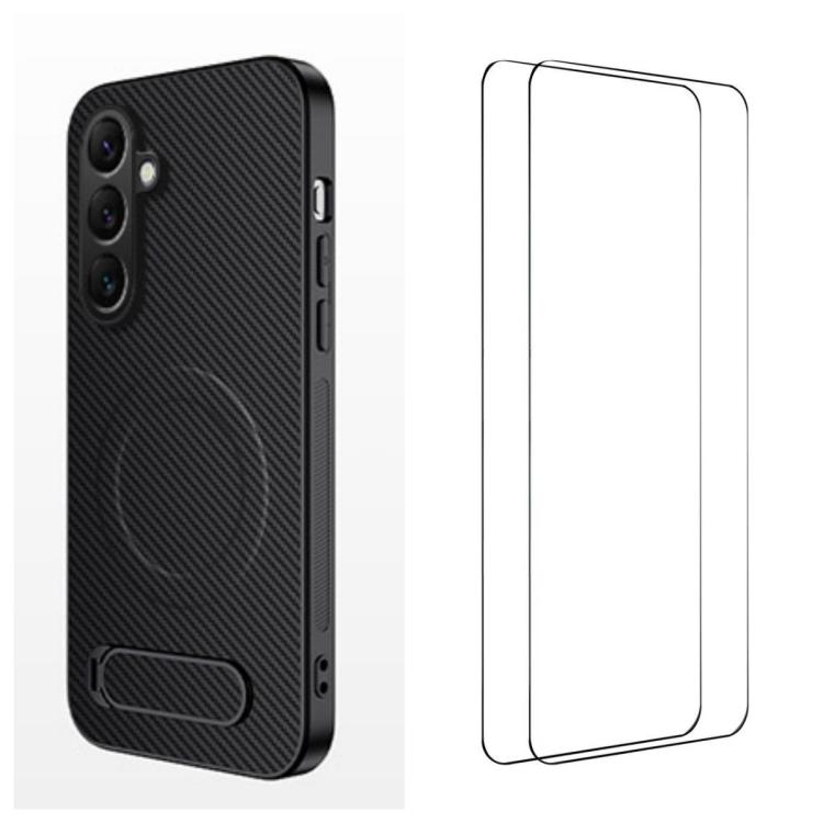 

For Samsung Galaxy S26+ 5G WANLONFENG Kickstand Carbon Fiber Texture Magnetic Phone Case with 2pcs Screen Films(Black)