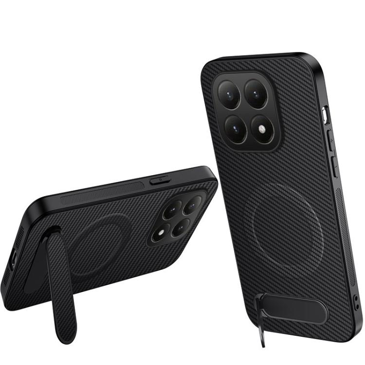 

For Xiaomi 15T 5G WANLONFENG Kickstand Carbon Fiber Texture Magnetic Phone Case(Black)
