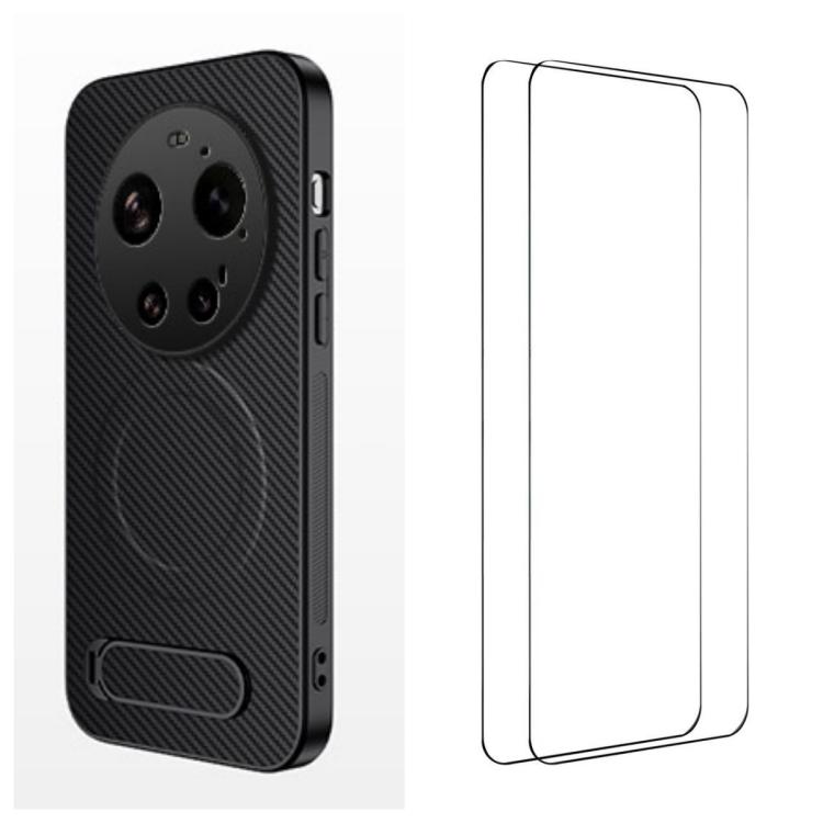 

For Xiaomi 17 Ultra WANLONFENG Kickstand Carbon Fiber Texture Magnetic Phone Case with 2pcs Screen Films(Black)