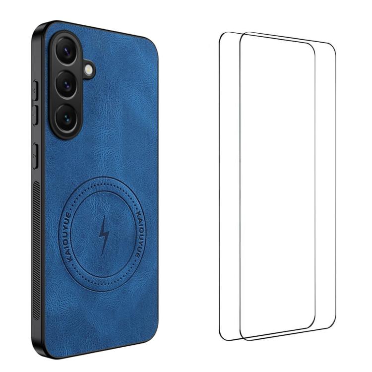 For Samsung Galaxy S25 FE 5G WANLONFENG Nappa Texture Magnetic Phone Case with 2pcs Screen Films(Blue)