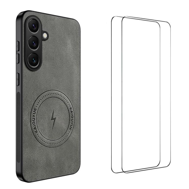 

For Samsung Galaxy S25 5G WANLONFENG Nappa Texture Magnetic Phone Case with 2pcs Screen Films(Grey)