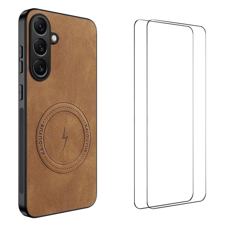 

For Samsung Galaxy S25 5G WANLONFENG Nappa Texture Magnetic Phone Case with 2pcs Screen Films(Brown)