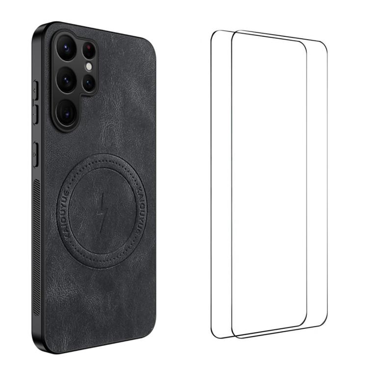 For Samsung Galaxy S25 Ultra 5G WANLONFENG Nappa Texture Magnetic Phone Case with 2pcs Screen Films(Black)