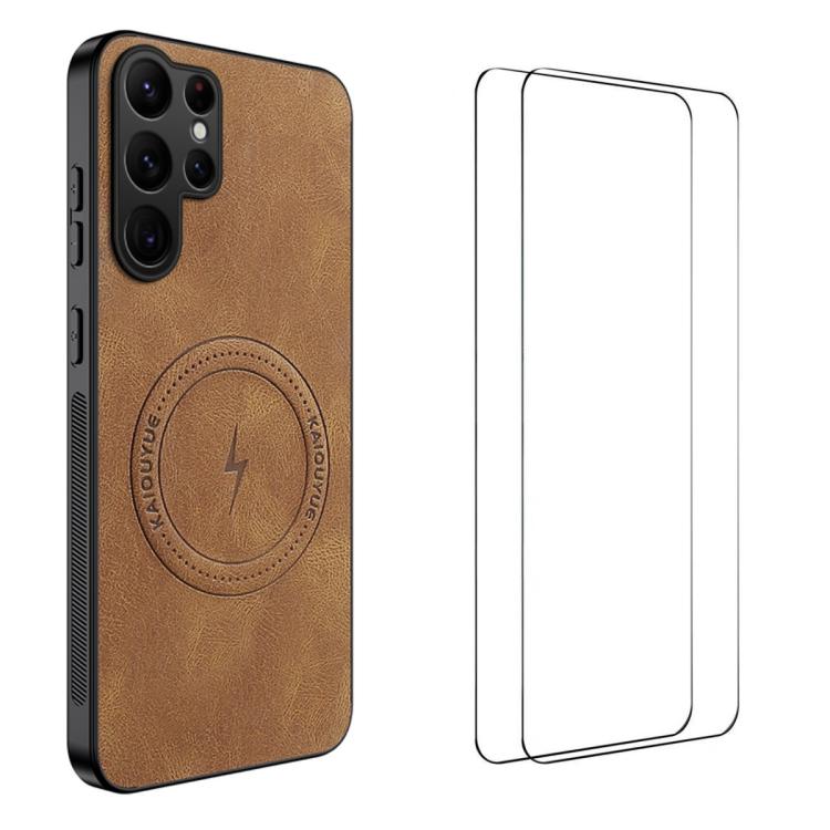 For Samsung Galaxy S24 Ultra 5G WANLONFENG Nappa Texture Magnetic Phone Case with 2pcs Screen Films(Brown)
