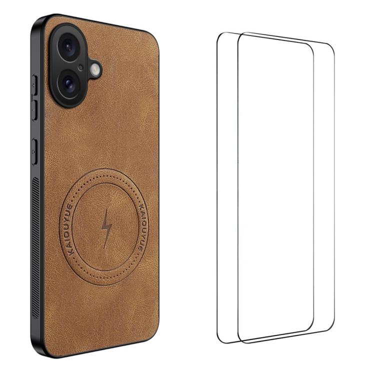 

For iPhone 17 WANLONFENG Nappa Texture Magnetic Phone Case with 2pcs Screen Films(Brown)