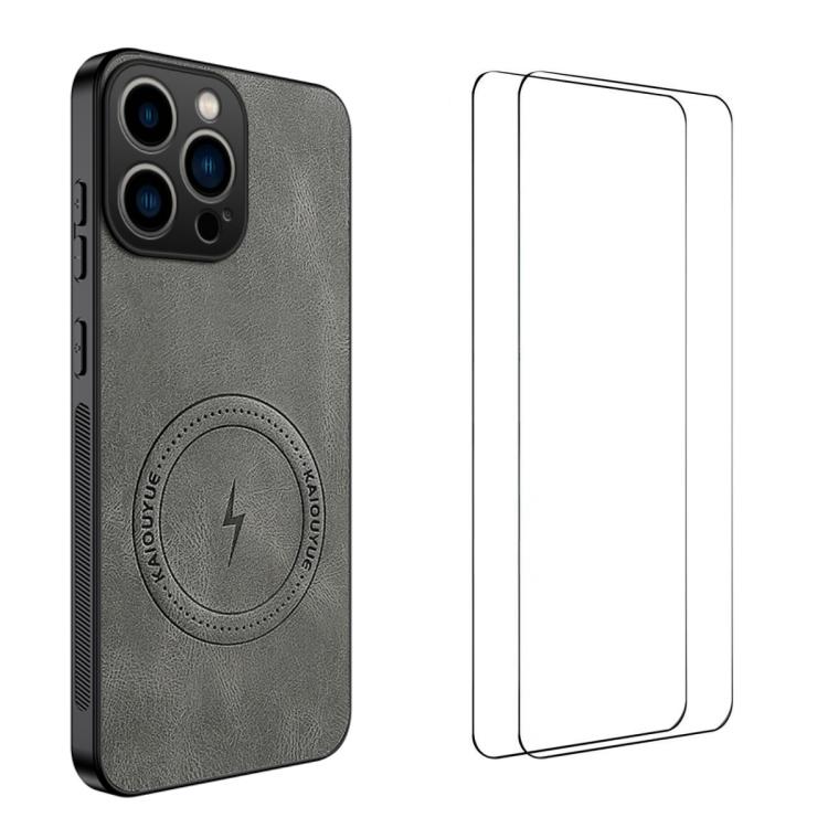 

For iPhone 16 Pro WANLONFENG Nappa Texture Magnetic Phone Case with 2pcs Screen Films(Grey)