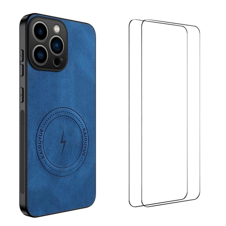

For iPhone 14 Pro Max WANLONFENG Nappa Texture Magnetic Phone Case with 2pcs Screen Films(Blue)