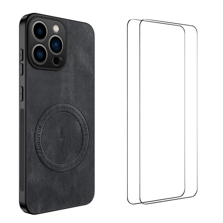 

For iPhone 13 Pro WANLONFENG Nappa Texture Magnetic Phone Case with 2pcs Screen Films(Black)