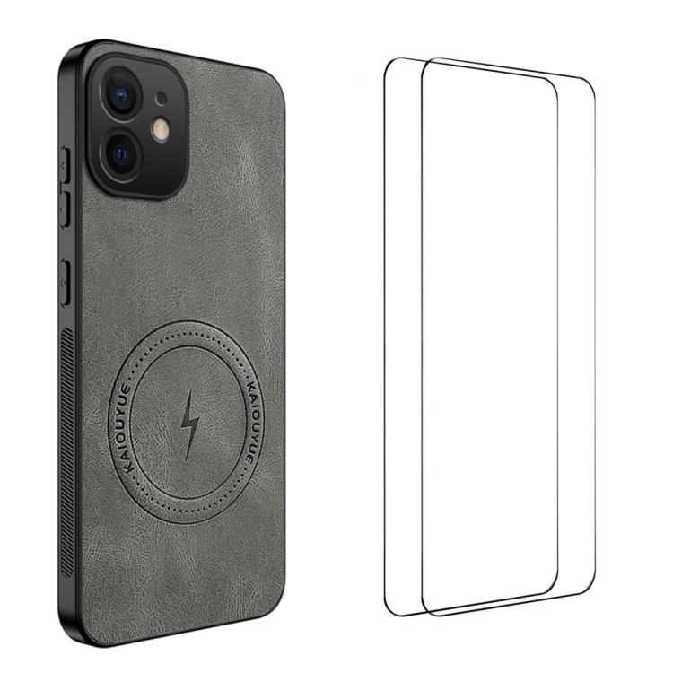 

For iPhone 11 WANLONFENG Nappa Texture Magnetic Phone Case with 2pcs Screen Films(Grey)