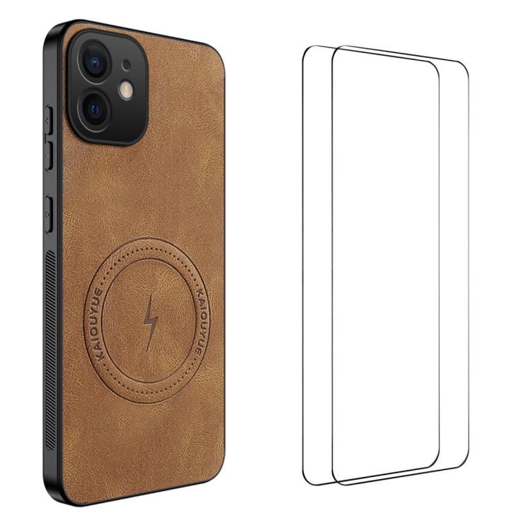 

For iPhone 11 WANLONFENG Nappa Texture Magnetic Phone Case with 2pcs Screen Films(Brown)