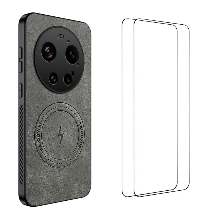 

For Xiaomi 17 Ultra WANLONFENG Nappa Texture Magnetic Phone Case with 2pcs Screen Films(Grey)