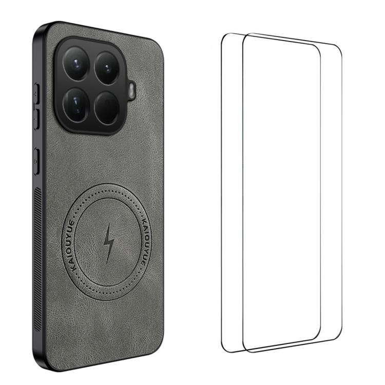 

For Xiaomi 15T Pro 5G WANLONFENG Nappa Texture Magnetic Phone Case with 2pcs Screen Films(Grey)
