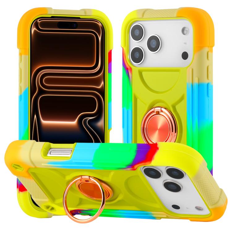 For iPhone 17 Pro Max Dual Ring 360 Degree Rotation Holder PC Hybrid Silicone Phone Case(Rainbow Yellow Green)