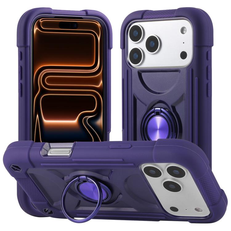 For iPhone 17 Pro Dual Ring 360 Degree Rotation Holder PC Hybrid Silicone Phone Case(Dark Purple)