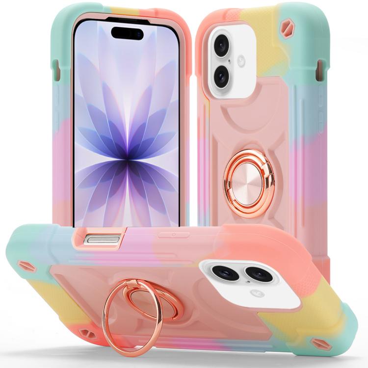 For iPhone 17 Dual Ring 360 Degree Rotation Holder PC Hybrid Silicone Phone Case(Rainbow Rose Gold)