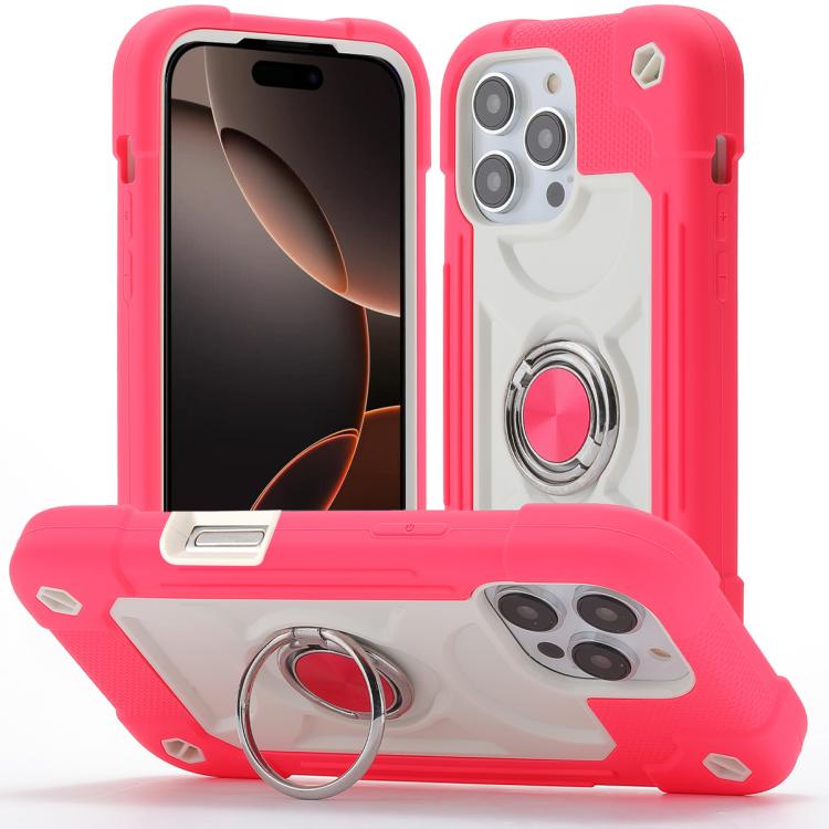 For iPhone 16 Pro Max Dual Ring 360 Degree Rotation Holder PC Hybrid Silicone Phone Case(Rose Red)