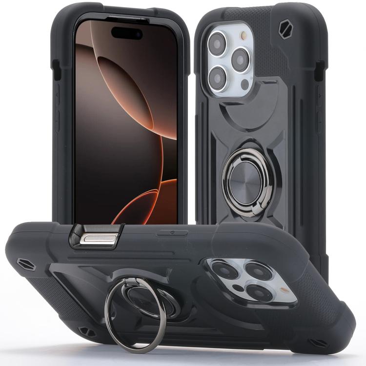For iPhone 16 Pro Dual Ring 360 Degree Rotation Holder PC Hybrid Silicone Phone Case(Black)