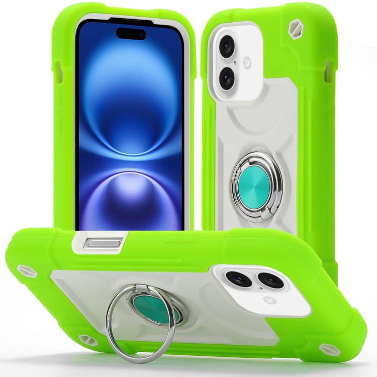 For iPhone 16 Plus Dual Ring 360 Degree Rotation Holder PC Hybrid Silicone Phone Case(Guava)