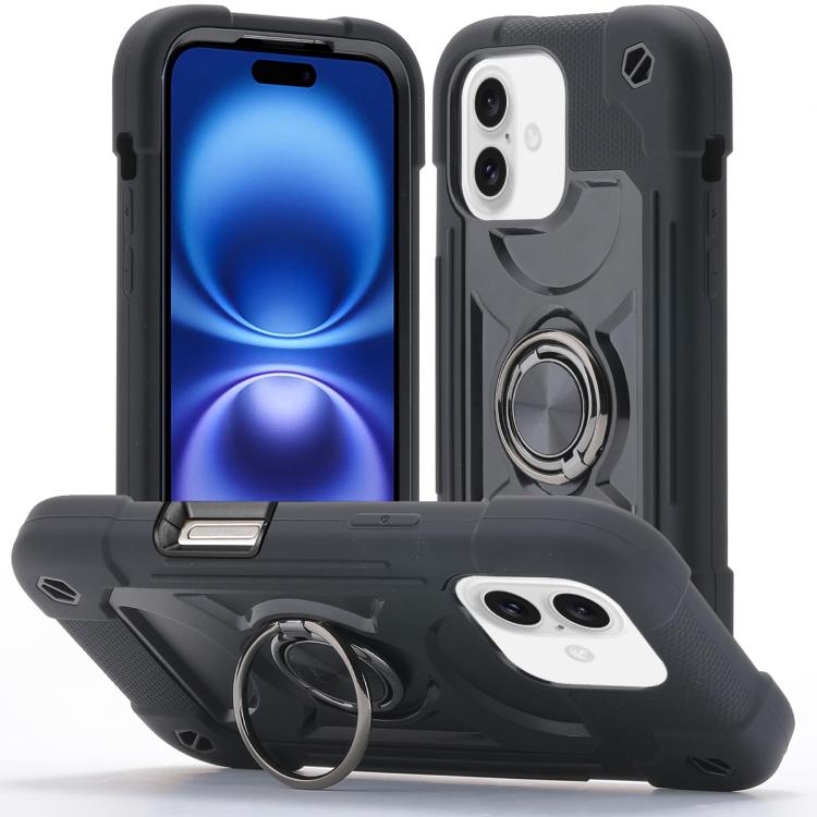 For iPhone 16 Dual Ring 360 Degree Rotation Holder PC Hybrid Silicone Phone Case(Black)