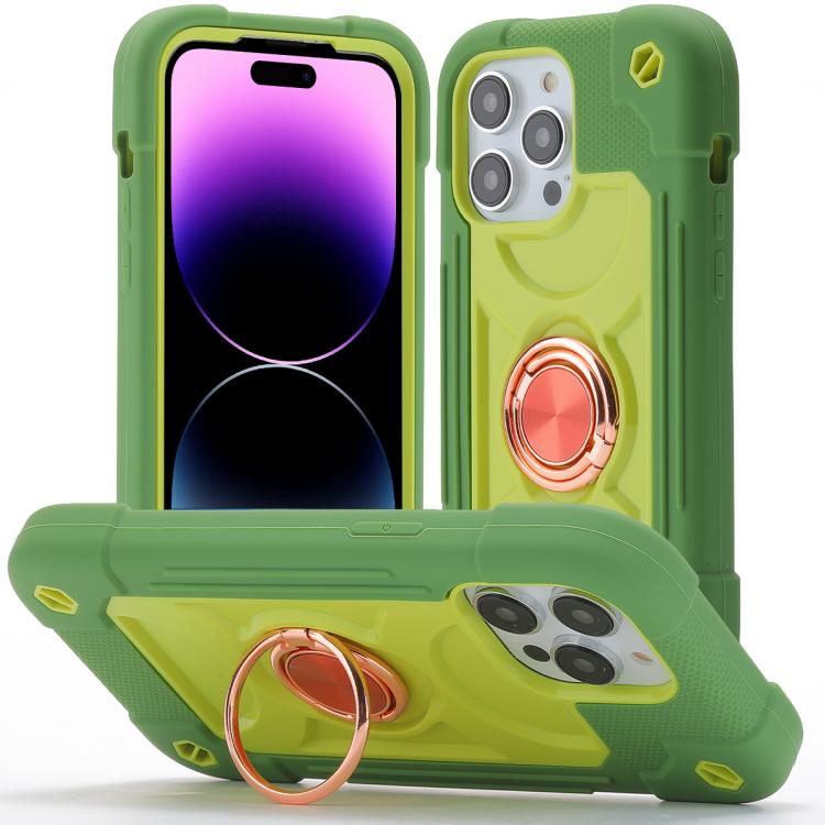 For iPhone 14 Pro Dual Ring 360 Degree Rotation Holder PC Hybrid Silicone Phone Case(Avocado Color)