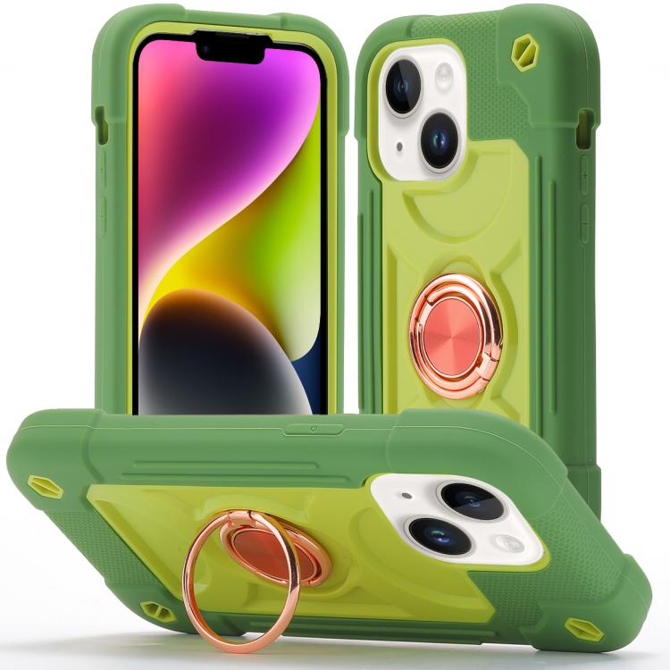 For iPhone 14 Plus Dual Ring 360 Degree Rotation Holder PC Hybrid Silicone Phone Case(Avocado Color)