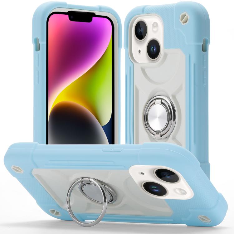 For iPhone 14 Dual Ring 360 Degree Rotation Holder PC Hybrid Silicone Phone Case(Ice Crystal Blue)