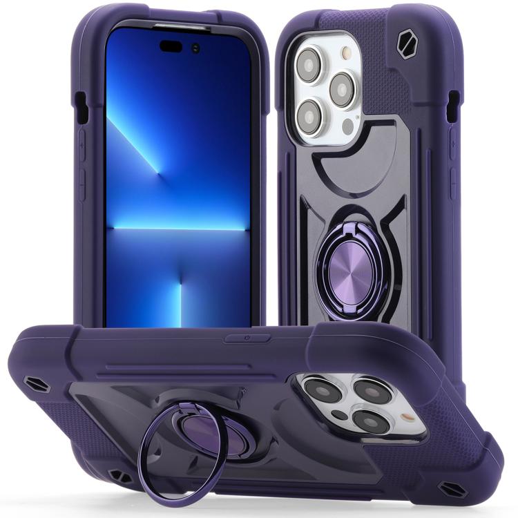For iPhone 13 Pro Dual Ring 360 Degree Rotation Holder PC Hybrid Silicone Phone Case(Dark Purple)