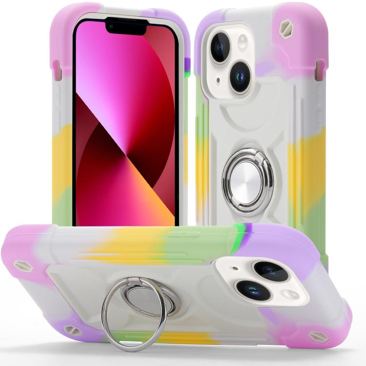 For iPhone 13 Dual Ring 360 Degree Rotation Holder PC Hybrid Silicone Phone Case(Rainbow Beige)