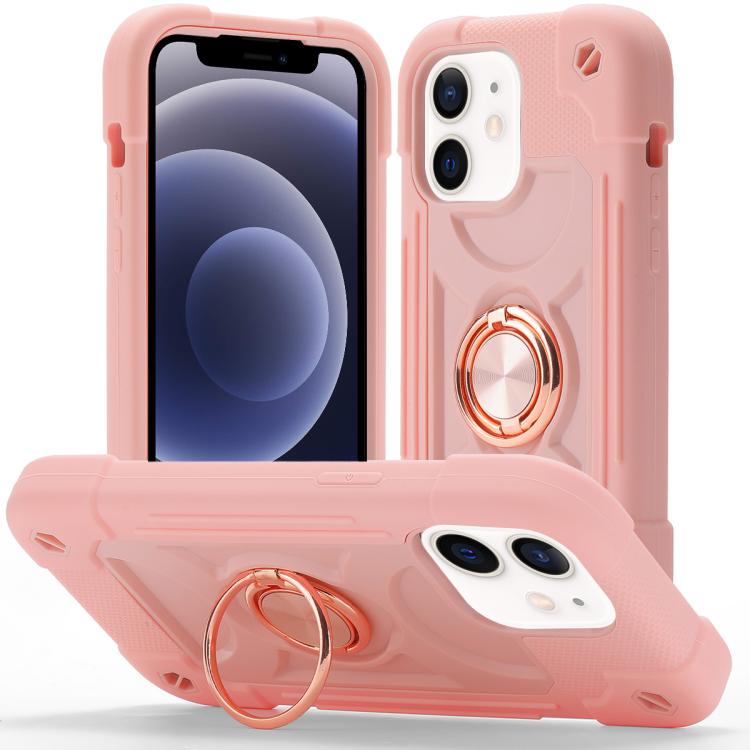 For iPhone 12 mini Dual Ring 360 Degree Rotation Holder PC Hybrid Silicone Phone Case(Rose Gold)