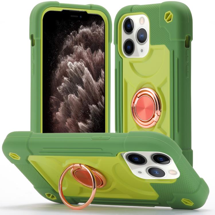 For iPhone 11 Pro Max Dual Ring 360 Degree Rotation Holder PC Hybrid Silicone Phone Case(Avocado Color)