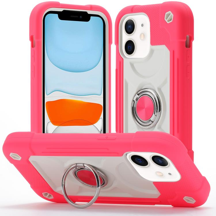 For iPhone 11 Dual Ring 360 Degree Rotation Holder PC Hybrid Silicone Phone Case(Rose Red)