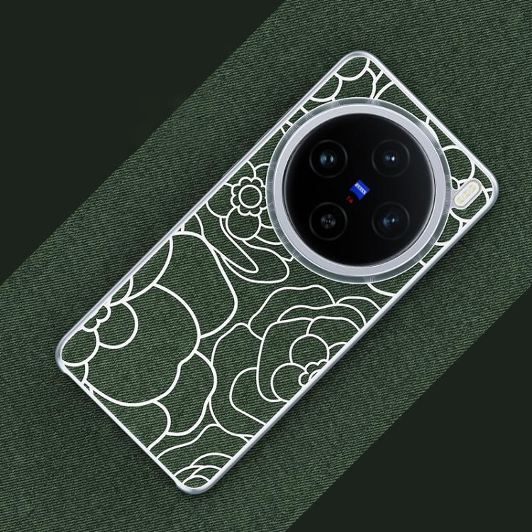 For vivo X200 Embossed Camellia Wool Linen Fabric Magnetic Three Guarantees Phone Case(Dark Green)