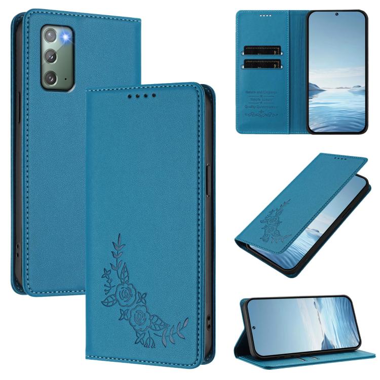 

For Samsung Galaxy Note20 5G Peony Embossed Magnetic RFID Vegan Leather Phone Case(Lake Blue)