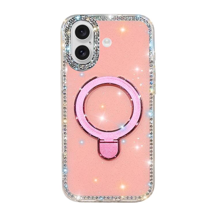 For iPhone 17 Double-Sided IMD Rhinestone Magnetic Holder Shockproof Phone Case(Glitter Pink)