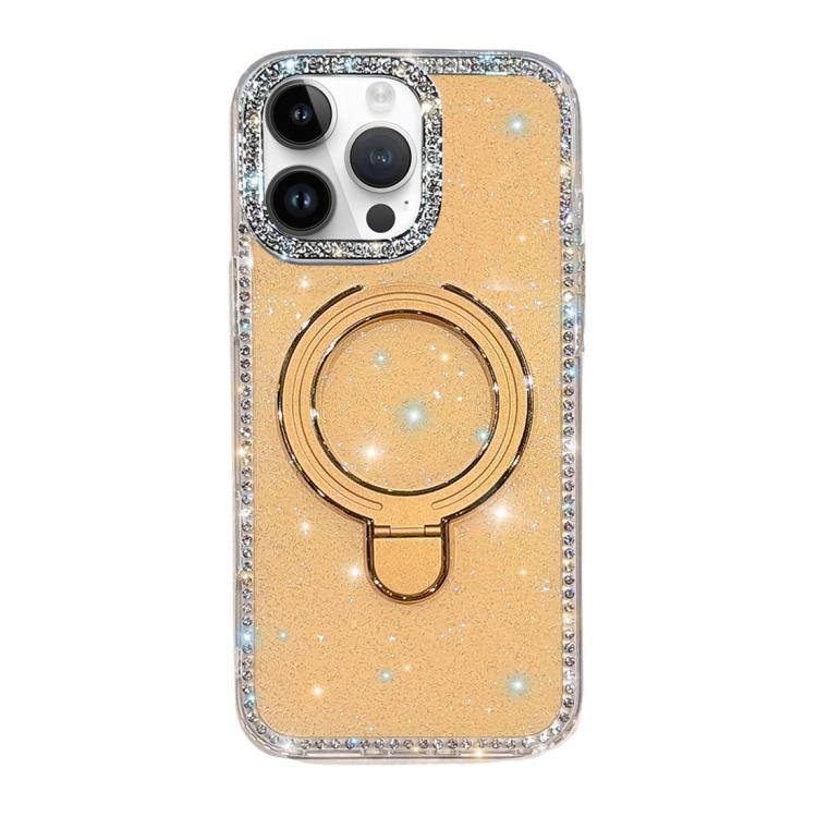 For iPhone 16 Pro Double-Sided IMD Rhinestone Magnetic Holder Shockproof Phone Case(Glitter Light Yellow)