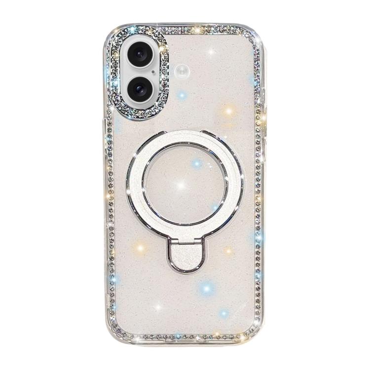 For iPhone 16 Double-Sided IMD Rhinestone Magnetic Holder Shockproof Phone Case(Glitter White)