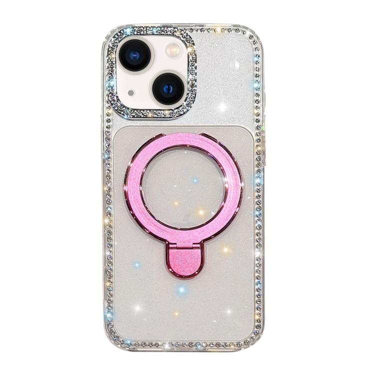 For iPhone 14 Double-Sided IMD Rhinestone Magnetic Holder Shockproof Phone Case(Transparent Glitter)