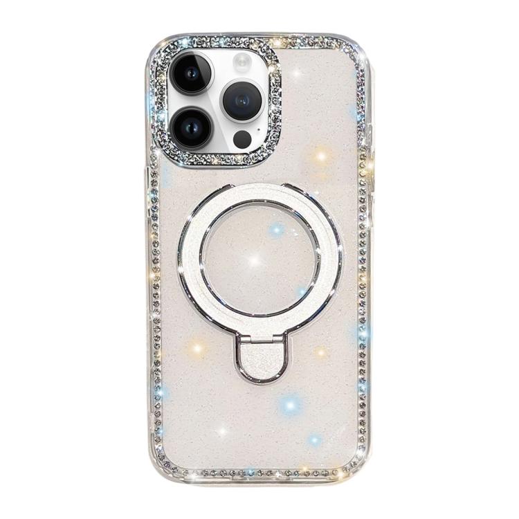 For iPhone 14 Pro Max Double-Sided IMD Rhinestone Magnetic Holder Shockproof Phone Case(Glitter White)