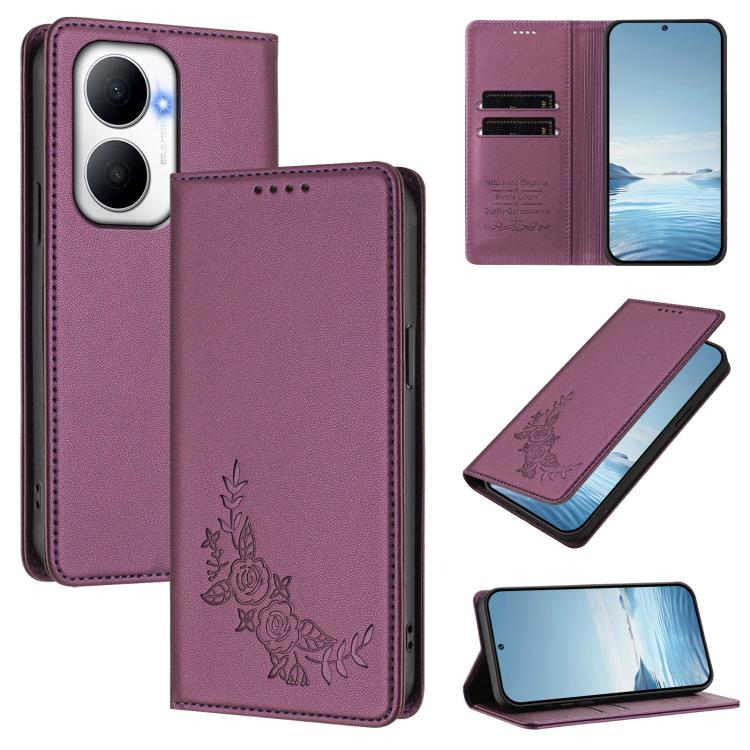 

For Huawei Enjoy 80 Plus Peony Embossed Magnetic RFID Vegan Leather Phone Case(Violet Purple)