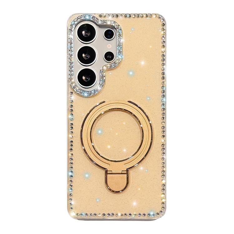 For Samsung Galaxy S23 Ultra 5G Double-Sided IMD Rhinestone Magnetic Holder Shockproof Phone Case(Glitter Light Yellow)